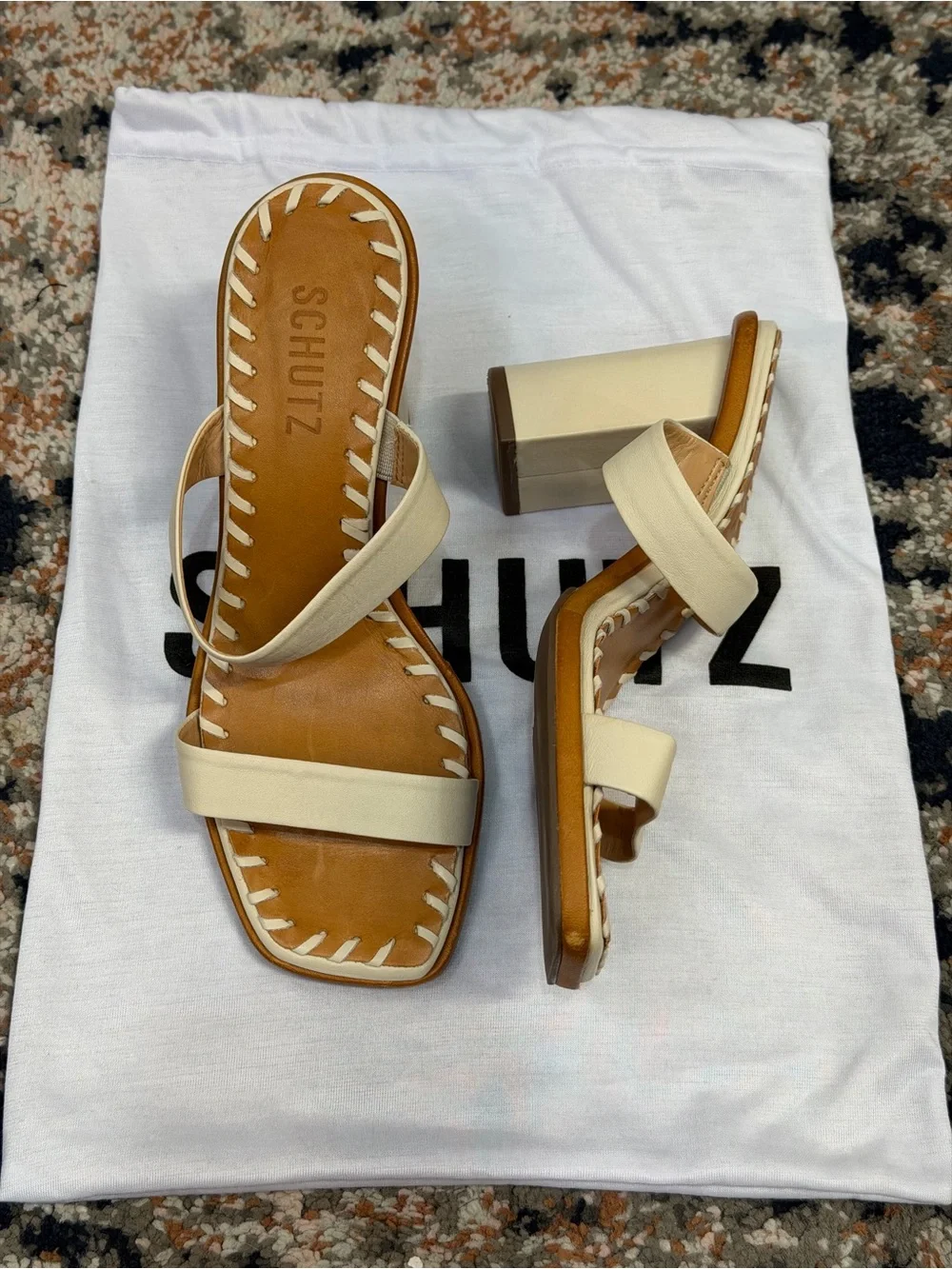 SCHUTZ Cream Leather Whipstitch Square Toe Block Heel Sandals Size 6
